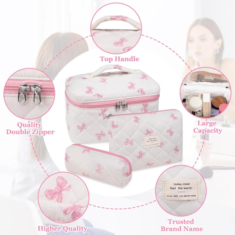 Gosect 3PC Makeup Bag Set, Quilted Makeup Bag Set, Large Floral Cosmetic Bag for Women, Cute Cotton Makeup Bags, Flower Travel Toiletry Organizer Bag (White Pink Bow Tie) - Image 3